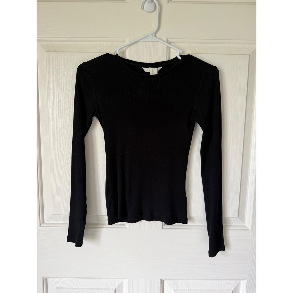 H&M Womens Ribbed Long Sleeve Crew Neck Top Black XS